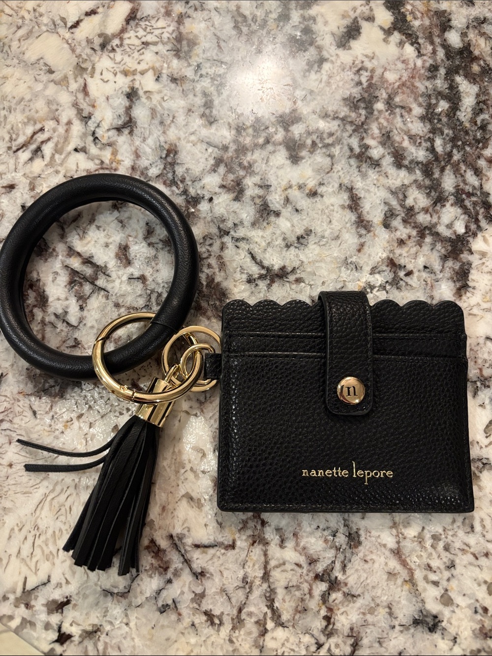 Nanette Lepore Black Leather Scalloped Card Holder with Wristlet Keyring